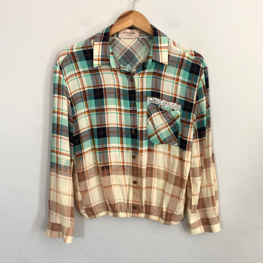 Loyd/Ford Plaid Top Women Size Medium? Green Blue Beige Button Down Flaw